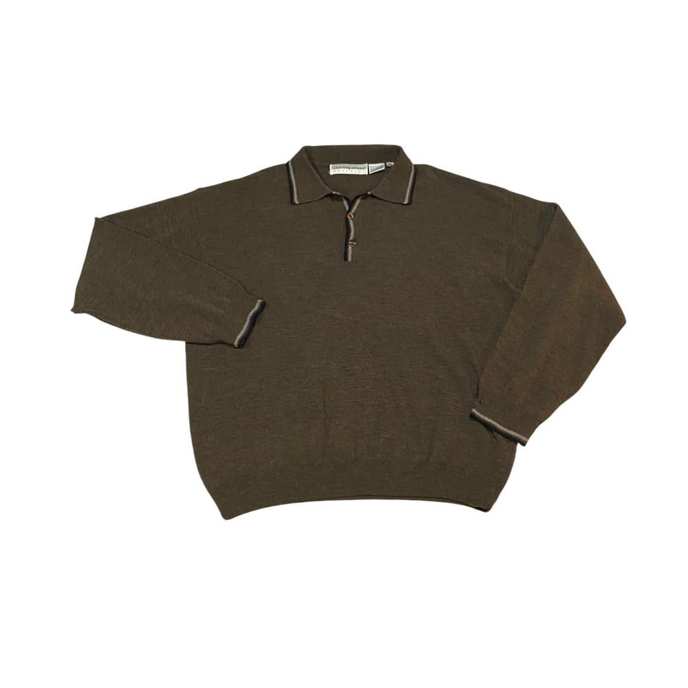 Jhane Barnes Mens XL Wool Blend Long Sleeve Polo Sweater Olive Brown‎ Knit